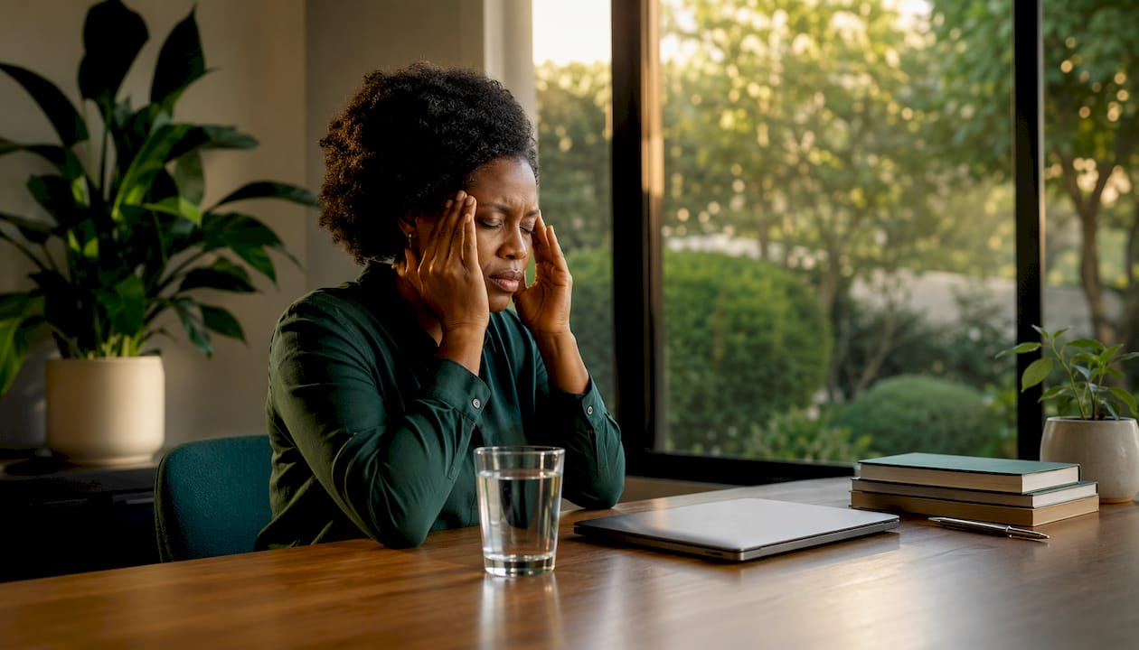 Woman experiencing headache in office