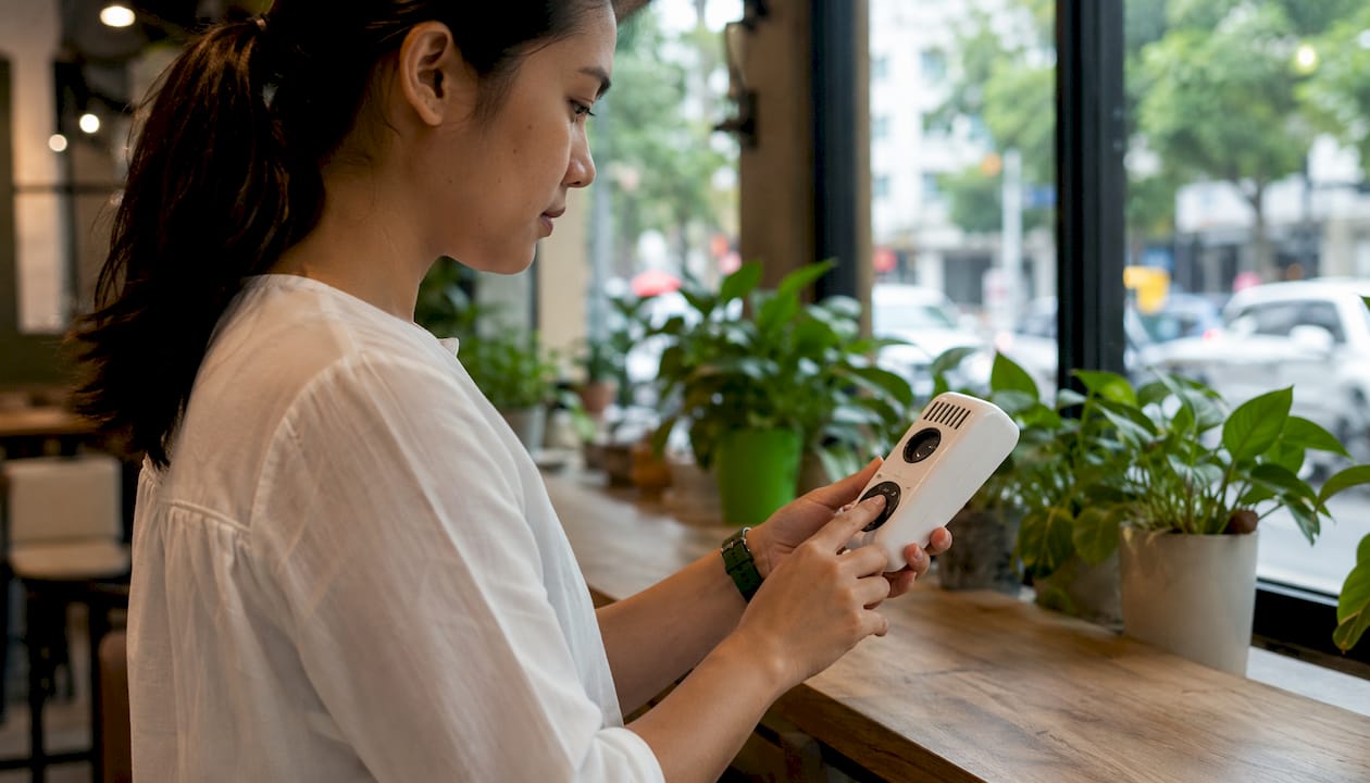 Hand operating air quality monitor device
