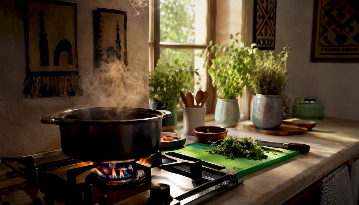 Gas stove cooking releasing indoor pollutants