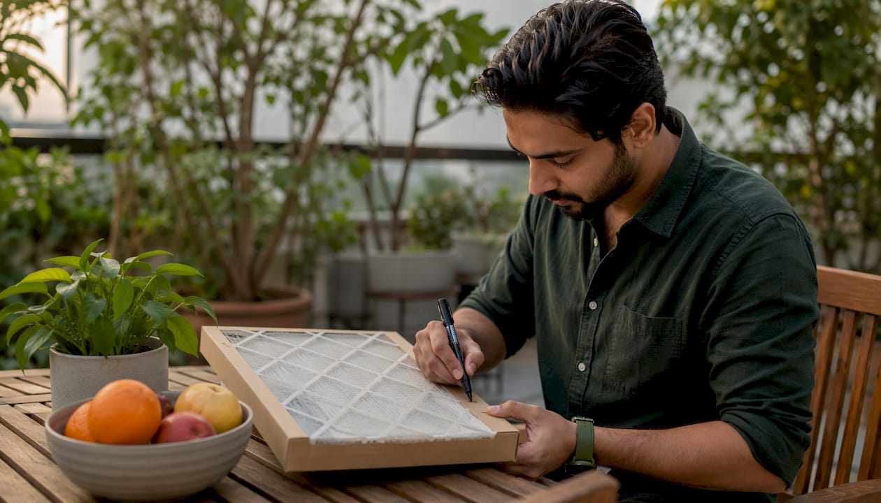Hands writing date and size on air filter frame