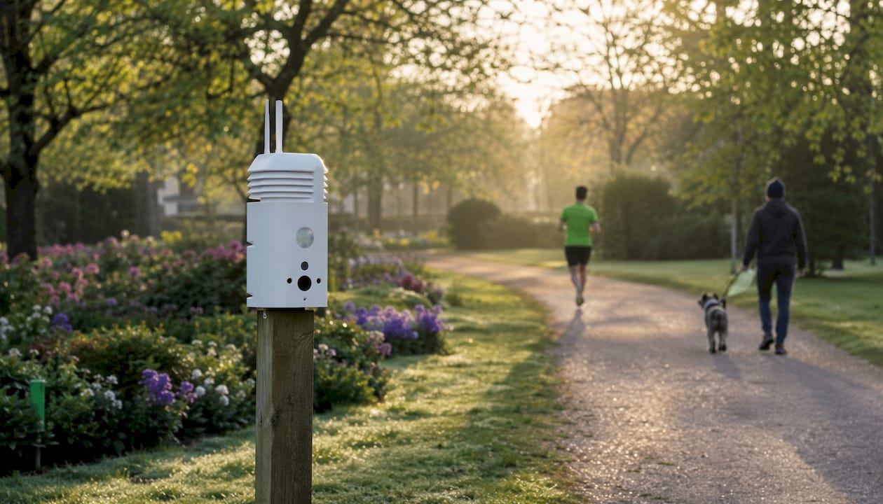 Close-up of UK street air quality monitor device