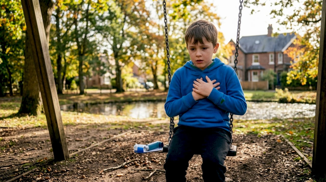 Child with asthma symptoms sitting on bench outdoors