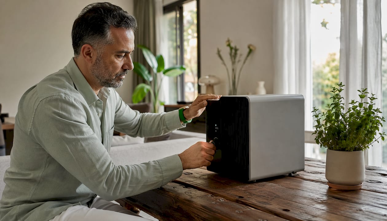 Man adjusting bipolar ioniser in minimalist office