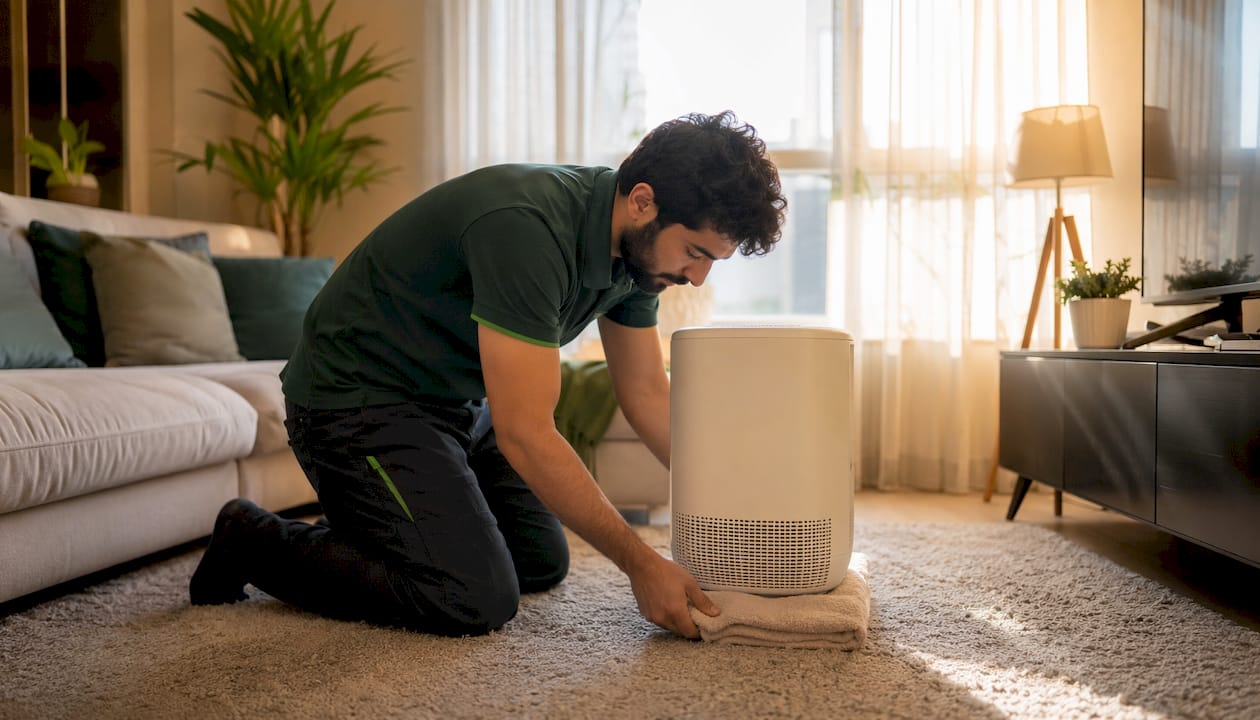 Hands placing towel under air purifier for noise reduction