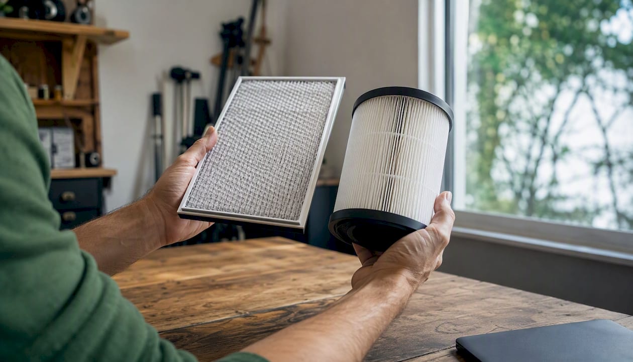 Hands holding comparison air filters close-up