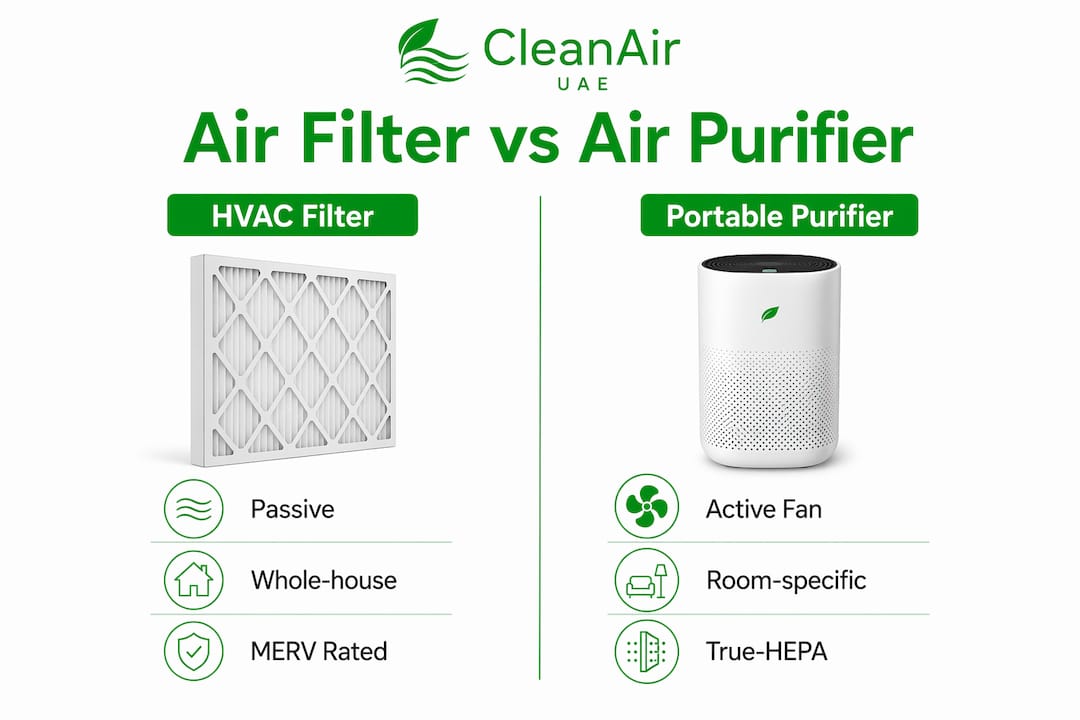 Infographic comparing air filter and air purifier features